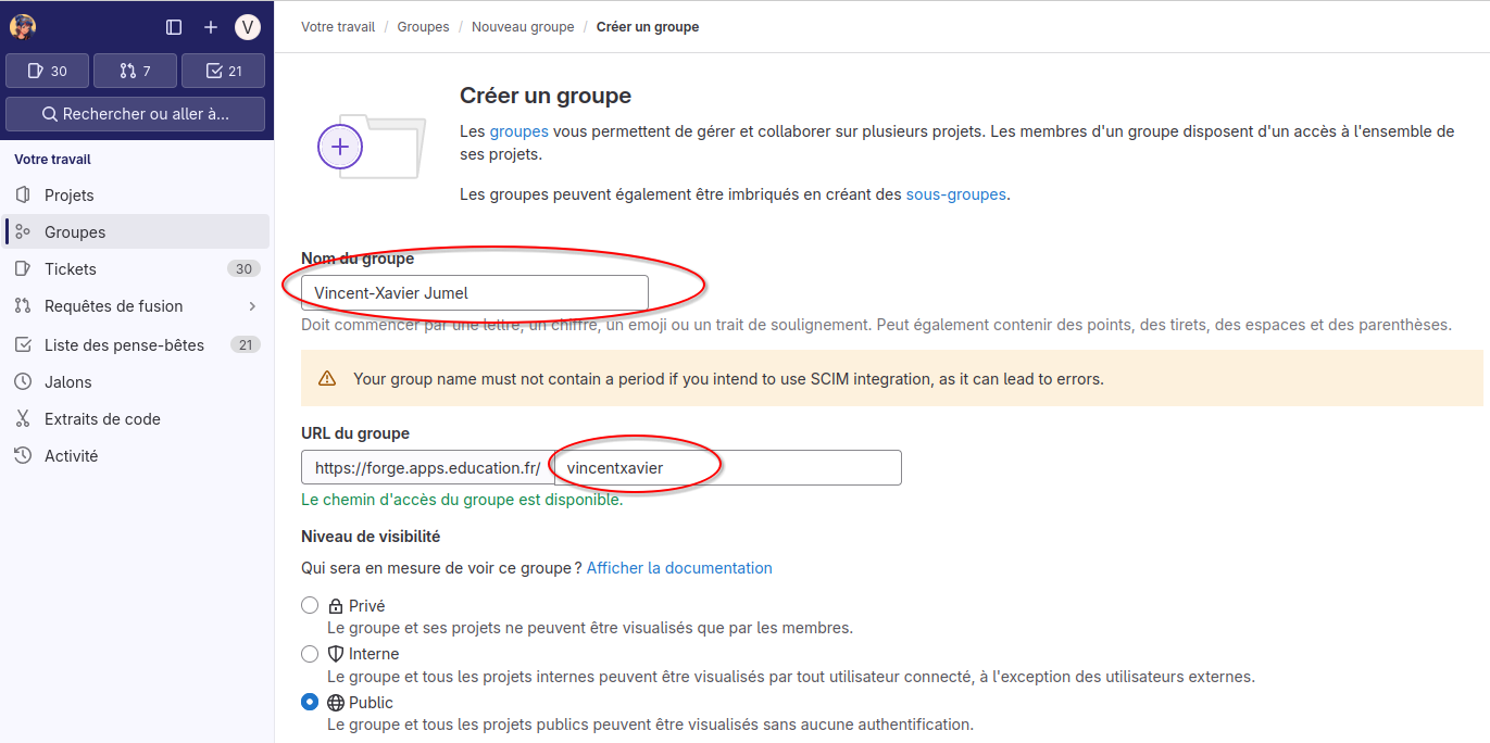 Création du groupe